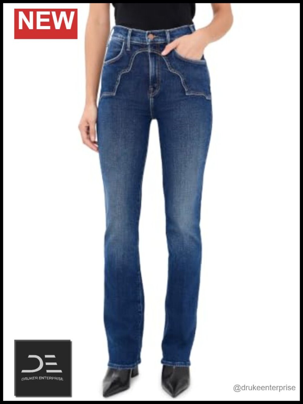 High Rise Stretch Denim Jeans with Western Details, Mid-Weight